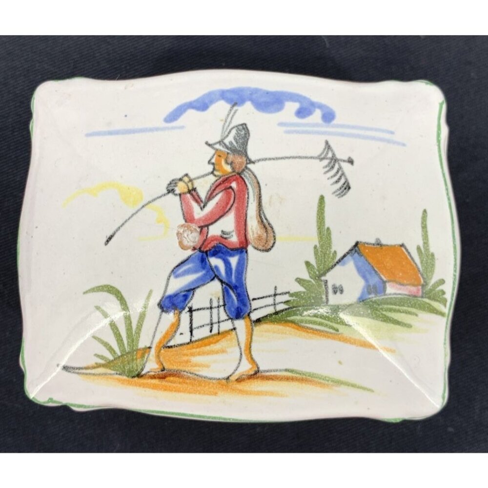 Italy Trinket Box Hand Painted Farmer Lidded Dish Ceramic 3 1/2" FLAW